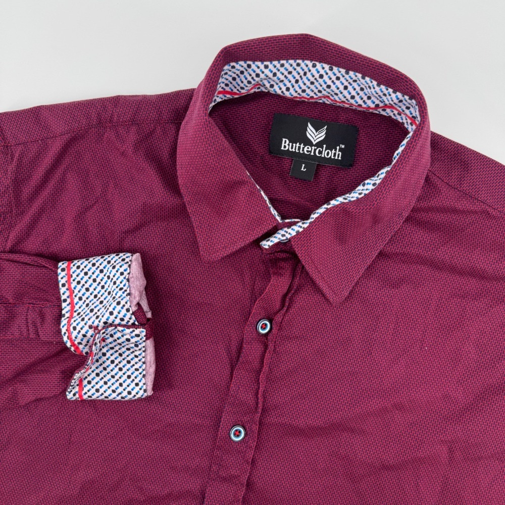 Buttercloth Button Down Shirt Mens Large Burgundy Textured Long Sleeve Cotton